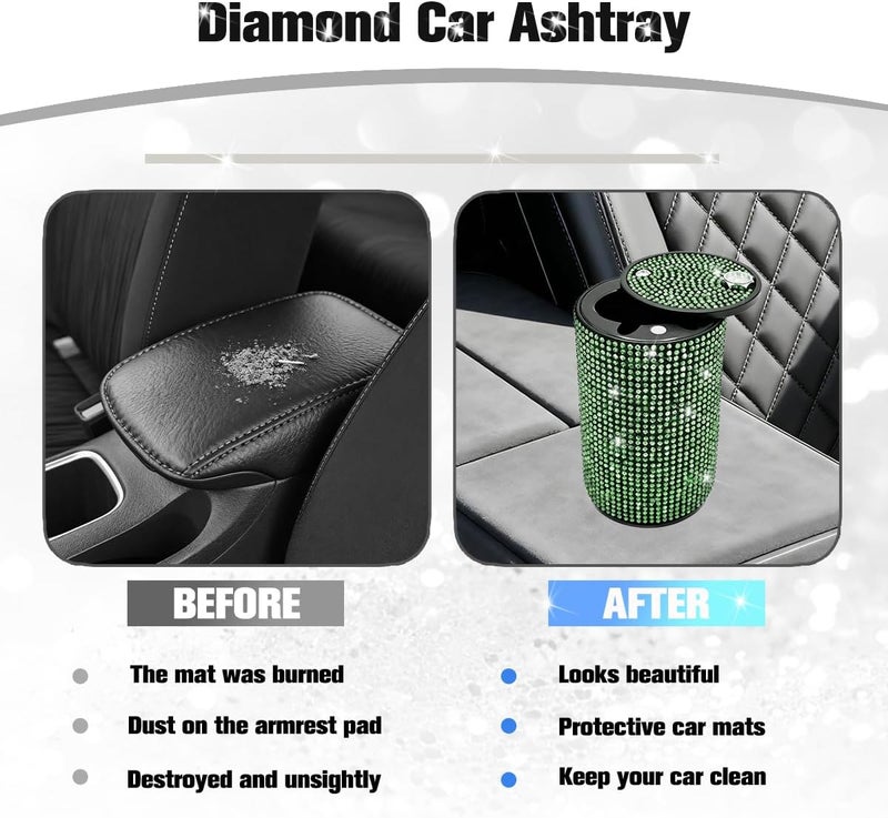 FALVFUN Bling Car Ashtray, Rhinestones Smokeless Smell Proof Vehicle Cup Holder Ash Tray with Lid, Sparkling Diamond Portable Automotive Interior Ashtray, Universal for SUV RV Truck (Green) - Image 4
